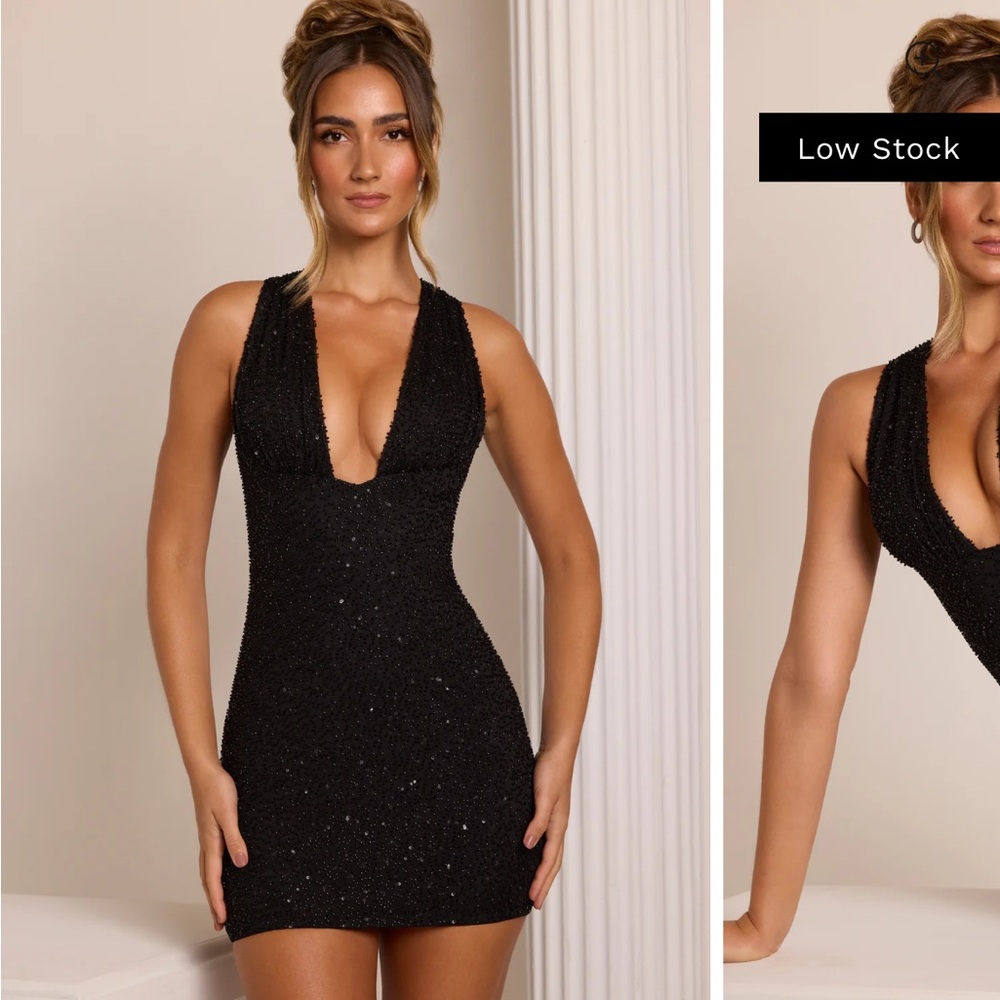 Oh Polly Cassis Black Embellished Plunge Neck Mini Dress